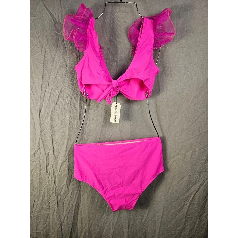 Sporlike Hot Pink Ruffle Shoulder High Waisted Bikini Set Two Piece Swimsuit L
